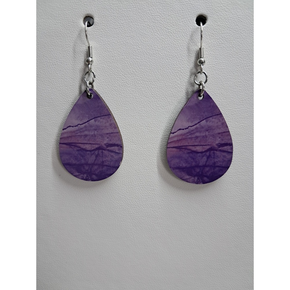 Purple Watercolor Teardrop Dangle Earrings Silver Tone Fishhook Lightweight Boho